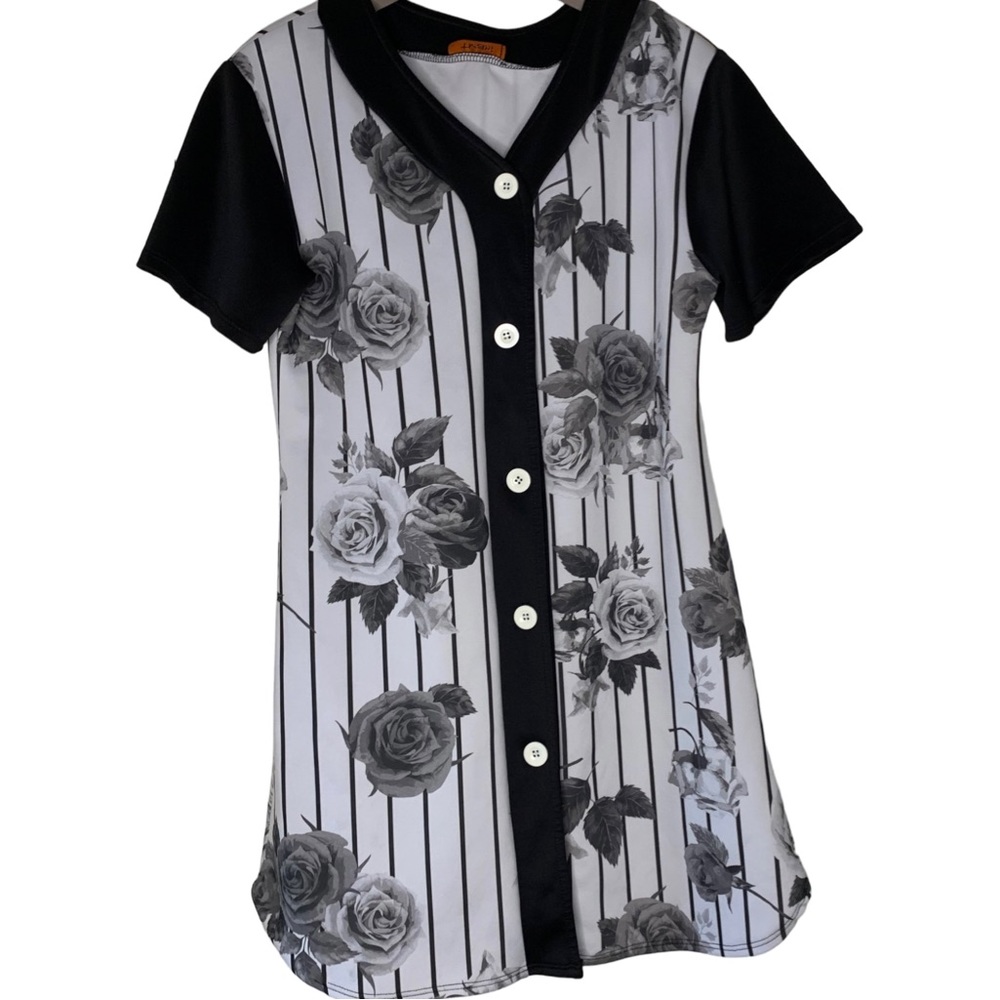 #10 -TMani Floral black, white and gray button down mini dress
